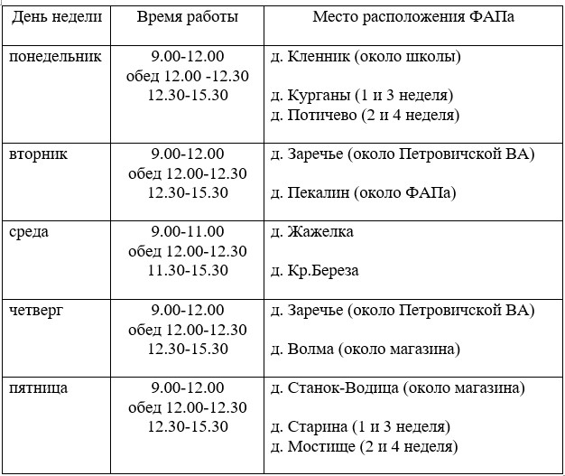 График работы передвижного фельдшерско-акушерского пункта на июнь-июль 